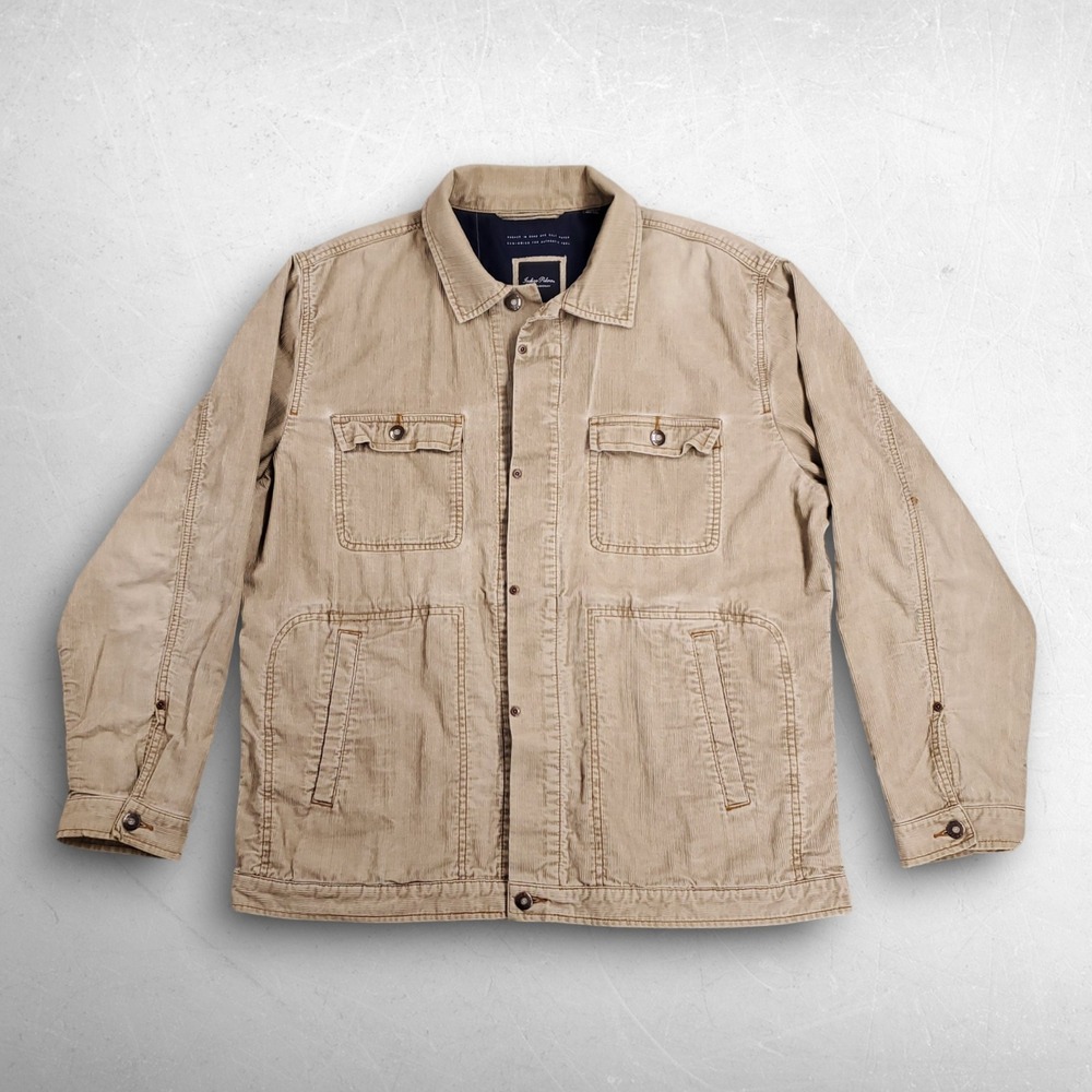 Indigo Palms Distressed Corduroy Chore Jacket Men L Tan Button Up Worn-in Patina